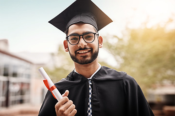 Image showing Man, graduation and portrait of a college student with a diploma and happiness outdoor. Male person happy to celebrate university achievement, education success and future at school event as graduate