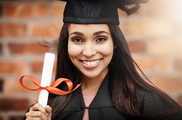 Image showing Student graduation, diploma and portrait of a woman with college degree and happiness outdoor. Face of female person excited to celebrate university achievement, education success and graduate future