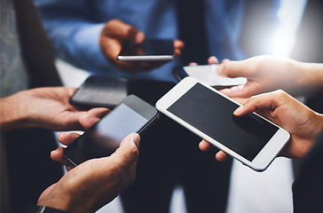 Image showing Business people, hands and phone screen with connectivity in a office with online data. Contact, collaboration and web management team on mobile with sales charts and social network for planning