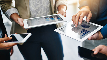 Image showing Business people, hands and technology strategy with tablet and phone in a office with data. Contact, collaboration and web management team on tech with sales charts and social network for planning