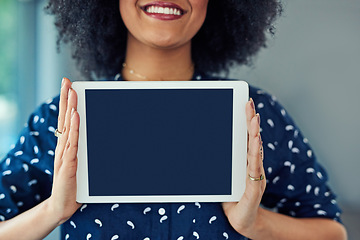 Image showing Woman, hands and tablet screen with mockup space for website, internet and network promotion. Technology, blank display and digital advertising for logo, brand or app ux with a female model or user