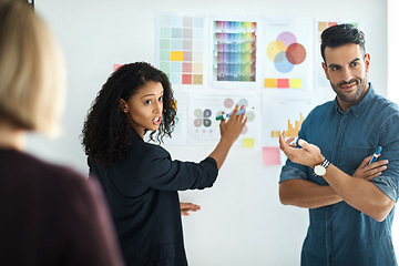 Image showing Presentation board, meeting and creative business people planning, brainstorming and present advertising design plan. Staff, audience and diversity team cooperation, teamwork or explain project ideas