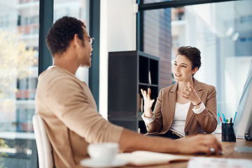 Image showing Mentor, training and a woman manager with an employee in the office for coaching on company vision. Management, meeting and a female business person talking to a professional male colleague at work