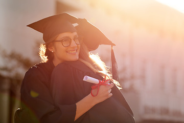 Image showing Hug, students or friends at graduation for college or university achievement and congratulations. Women outdoor to celebrate education goals, success and future at school event with mockup and pride