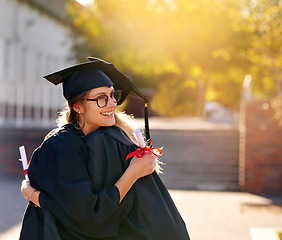 Image showing Women, students and hug at graduation as college or university friends with achievement. Happy people outdoor to celebrate education goals, certificate of success or future at school event with pride