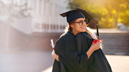 Image showing Friends, students and hug at graduation for college or university achievement. Women outdoor together for congratulations or celebrate education goal, success and future at school event for graduates