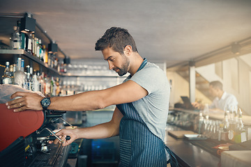 Image showing Man in cafe, coffee machine and barista, prepare caffeine drink order with process and production in hospitality industry. Service, male waiter working on espresso or latter beverage in restaurant