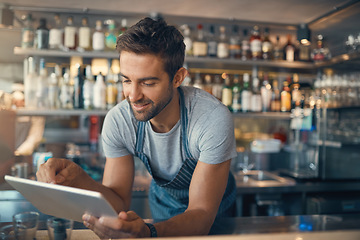 Image showing Cafe, waiter and reading on digital tablet, scroll through inventory list and check stock, small business and hospitality. Man, owner and franchise with admin and stocktaking with connectivity