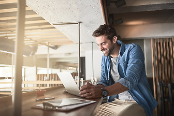 Image showing Man in cafe, laptop and small business owner, entrepreneur in hospitality industry and connectivity. Happy male professional, coffee shop franchise and wireless connection with digital admin on pc