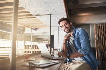 Image showing Man in cafe, portrait with laptop and small business, entrepreneur in hospitality industry and connectivity. Happy male owner, coffee shop franchise and wireless connection with digital admin on pc