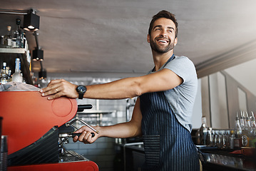 Image showing Happy man cafe, coffee machine and barista, prepare caffeine drink with process and production in hospitality industry. Service, male waiter working on espresso or latter beverage in restaurant