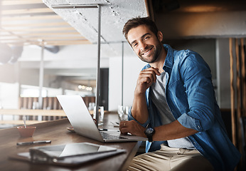 Image showing Man in coffee shop, portrait with laptop and small business, entrepreneur in hospitality management and connectivity. Happy male owner, cafe franchise and wireless connection with digital admin on pc