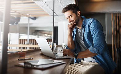Image showing Man in coffee shop, laptop and small business owner, entrepreneur in hospitality management and connectivity. Happy male professional, cafe franchise and wireless connection with digital admin on pc