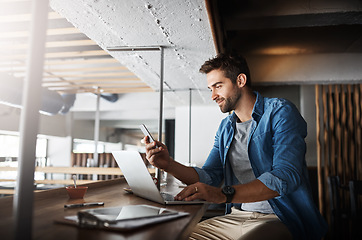 Image showing Man in coffee shop, laptop and smartphone, small business and entrepreneur in hospitality industry and connect. Male owner, cafe franchise and check email or social media with digital admin on pc