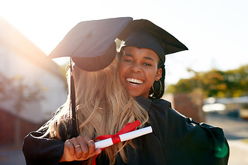 Image showing Hug, students and graduation for college or university friends together for congratulations. Portrait of black woman outdoor to celebrate education achievement, success or certificate at school event