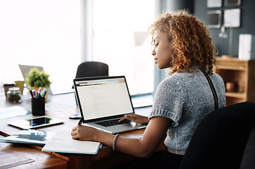 Image showing Writing, research and laptop screen with business woman in office for planning, creative and communication. Internet, proposal and email with female employee for professional, connection and startup