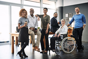 Image showing Teamwork, support and portrait of business people in office for diversity, community and happy. Smile, collaboration and solidarity with group of employees for mission, commitment and mindset