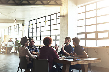 Image showing Meeting, strategy and planning with business people in digital agency for project management, idea and brainstorming. Discussion, commitment and partnership with employees for review and startup