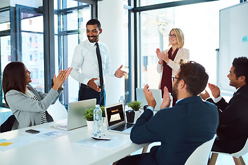 Image showing Professionals, applause and presentation for teaching and meeting for the company and employee. Business, people and leadership are clapping during training for success in a workshop at the office.