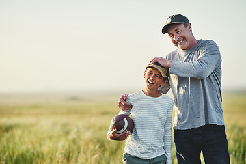 Image showing Father, kid fun and rugby portrait in a countryside field for bonding in nature. Mockup, dad and young boy child together with happiness and smile ready to start game outdoor on farm with space