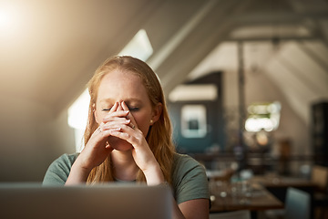 Image showing Headache, woman and employee with stress, frustration and mental health issue, crisis and anxiety. Female person, girl and entrepreneur with a deadline, migraine or burnout with depression or mistake