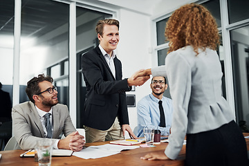 Image showing Professional, meeting and welcome an employee for recruitment after an agreement at the office. Hr, business and hiring staff with hand shake for a collaboration during an interview at a workplace.