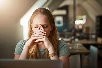 Image showing Business, woman and entrepreneur with stress, burnout and anxiety with a deadline, new project and worried. Female person, agent and girl with crisis, health issue and depression with frustration