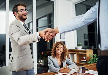 Image showing Businessman, shake hand and meeting for an agreement and collaboration after sign contract. Professional, handshake and hiring during recruitment and a negotiation for a new worker in the company.