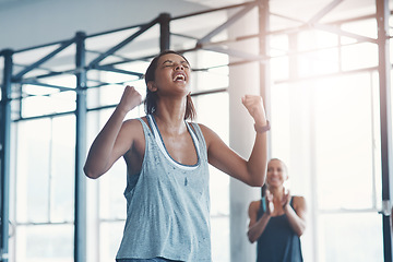 Image showing Fitness, challenge and woman with achievement, celebration and exercise with balance. Female person, athlete or girl with workout progress, performance or training with happiness or healthy lifestyle