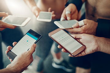 Image showing Group, hands and phone screen for fitness app, communication and internet connection. Men and women together with tech for website ux, cloud and networking or social media for exercise goals