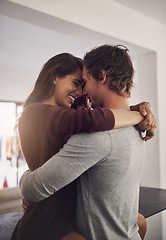 Image showing Happy young couple, love and hug in apartment for care, quality time and bonding together for commitment to relationship. Man, woman and lovers hugging for romance, smile and relax with trust at home