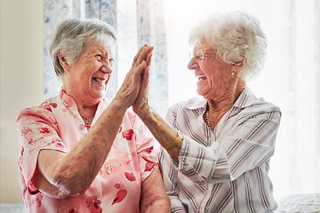 Image showing Happy, love and senior women with a high five for care, retirement support and happiness. Smile, team and elderly friends with excited gesture for solidarity or lifestyle in a nursing home together