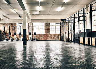 Image showing Empty gym, health club and floor for equipment, training and health in open room for fitness, workout or sport. Modern interior, space and background for sports, exercise and healthy lifestyle