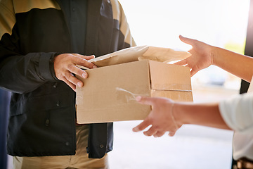 Image showing Customer, box and delivery man giving package at home from courier company. Logistics worker at front door of woman or client with a parcel in cardboard for e commerce shipping or mail distribution