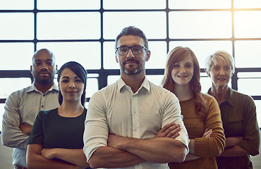 Image showing Confidence, leadership and portrait of team with crossed arms in office for unity, collaboration or teamwork. Happy, diversity and business people with success, support and motivation in workplace.