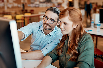 Image showing Businessman, computer and coach helping woman for ideas, team strategy or planning at the office. Man mentor coaching employee or training staff on technology for teamwork or solution at workplace