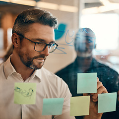 Image showing Businessman, writing and planning in team brainstorming for schedule, tasks or strategy at office. Man employee in leadership, presentation or training staff in sticky note project plan at workplace