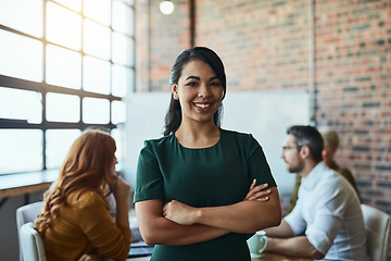 Image showing Smile, portrait and business woman with arms crossed in company startup meeting. Face, confidence and happy female leader, professional and person with pride for career, job and success mindset.
