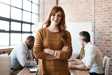 Image showing Portrait, smile and business woman with arms crossed in office meeting. Face, confidence and happy female leader, professional and person with pride for career, job and success mindset at startup.