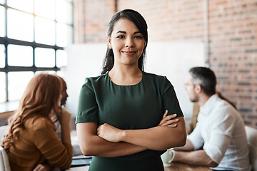 Image showing Portrait, office meeting and business woman with arms crossed in company workplace. Face, confidence and happy female leader, professional and person with pride for career, job and success mindset.