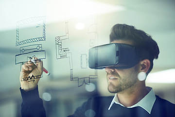 Image showing Architect, drawing and virtual reality for planning, blueprint on wall and design innovation for future construction project. Man, architecture technology and working with vr headset for house plan