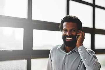 Image showing Portrait, window and phone call with a business man in the office for communication or networking. Face, happy and contact with a happy male employee networking in the workplace during his break