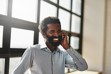 Image showing Idea, happy and communication business man at office with a smile or mindset of future success. Thinking, mobile contact and communication with a male employee talking in the office during his break