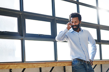 Image showing Window, thinking and phone call with a business man in negotiation at the office for planning or opportunity. Idea, vision and communication with a male employee in the workplace during his break