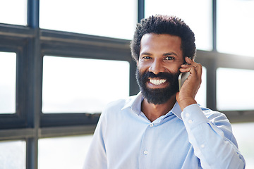 Image showing Portrait, smile and phone call with a business man in the office closeup for communication or networking. Happy, face and mobile contact with a male employee in the workplace during his break