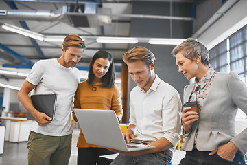 Image showing Business people, startup group and laptop with talking, planning or brainstorming together in modern office. Leader man, computer and teamwork for reading, focus or consultation at web design company