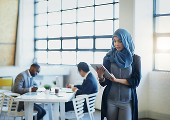 Image showing Business, Islamic woman and employee with a tablet, online reading and feedback with review and email. Muslim female person, consultant and administrator with technology, connection and website info