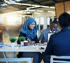 Image showing Diversity, business meeting with colleagues planning and discussing in office together with lens fare. Communication, teamwork or collaboration and coworkers at workshop at desk brainstorming