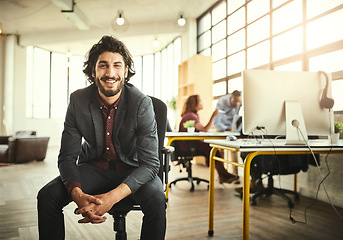 Image showing Smile, confidence and portrait of man in modern office, creative tech business project and entrepreneur at design agency. Confident boss with creativity, ideas and focus, businessman with start up.