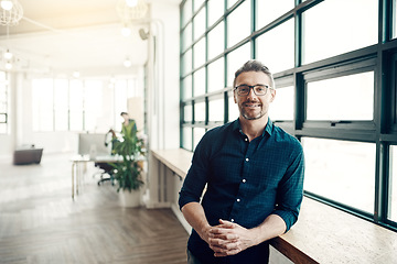 Image showing Thinking, ideas and portrait of man at office window, creative startup and business project for entrepreneur at design agency. Proud boss with creativity, idea and focus, businessman in workplace.